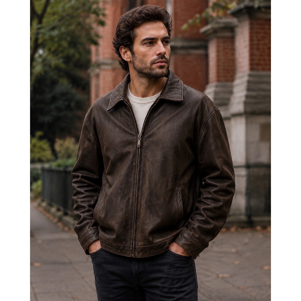 Chaps Mens XXL Brown Distressed Leather Bomber Jacket Quilted Lining Full Zip